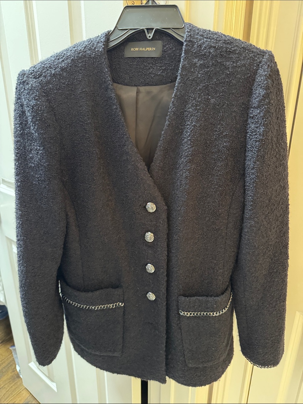 Kobi Halperin Dark Gray Bouclé Chain-Trim Blazer
